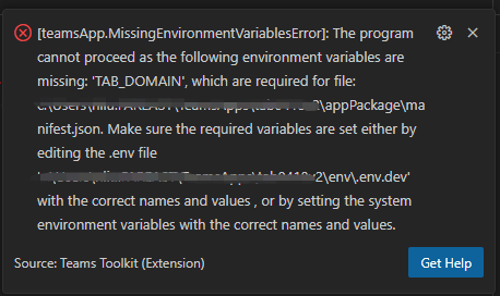 Captura de pantalla que muestra el error de variables de entorno que faltan.